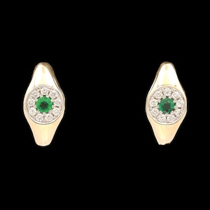 14k Yellow Gold Emerald and Diamond Huggie Hoops