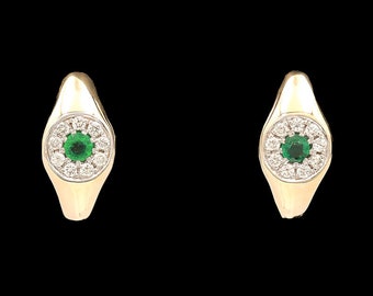 14k Yellow Gold Emerald and Diamond Huggie Hoops