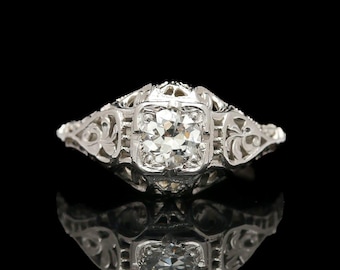 Ostby &amp; Barton Art Deco 18k White Gold 0.35 ct Diamond Filigree Ring