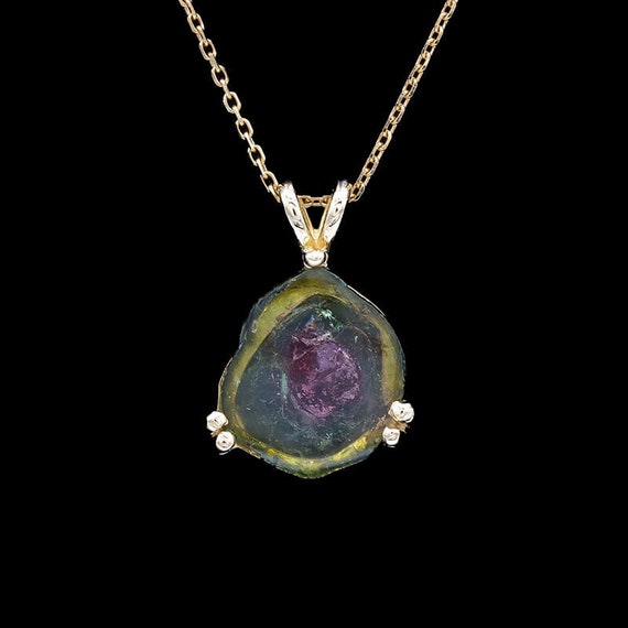 18k Yellow Gold Watermelon Tourmaline Pendant - image 1