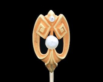 Antique 14k Yellow Gold Pearl &amp; Diamond Stick Pin