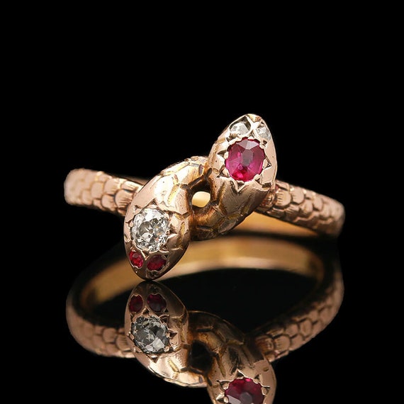 Victorian 14k Rose Gold Ruby & Diamond Snake Ring - image 1