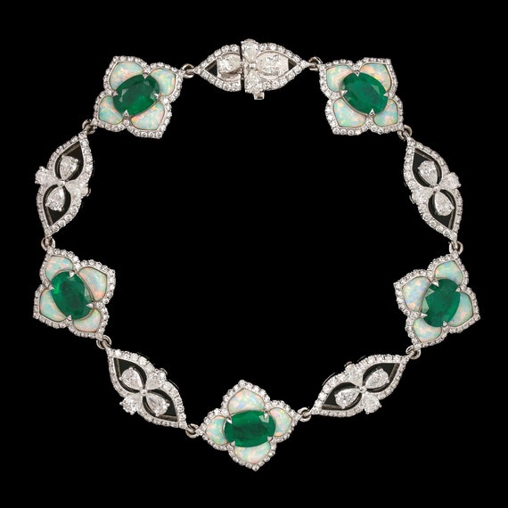 18k White Gold Emerald, Opal & Diamond Quatrefoil… - image 1