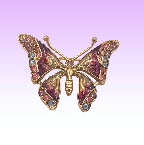 Butterfly Pin Brooch. Enamel and Crystal Butterfly