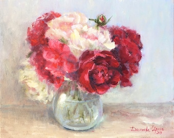 Still life oil painting, Red Peonies, original painting on canvas