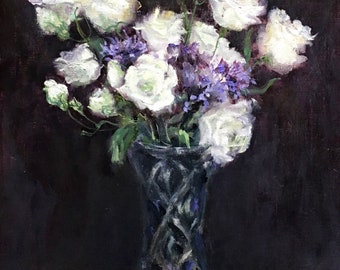 Original Oil Painting Bouquet of Gorgeous Eustoma, Large Still Life for Sale