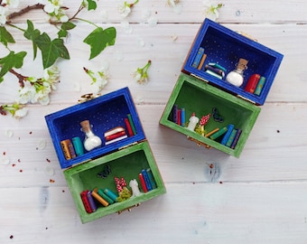 Miniature Library Gift For Book Lovers, Fantasy Library Ornament with Miniature Books, Fairy Tale Book Decoration, Secret Treasure Chest