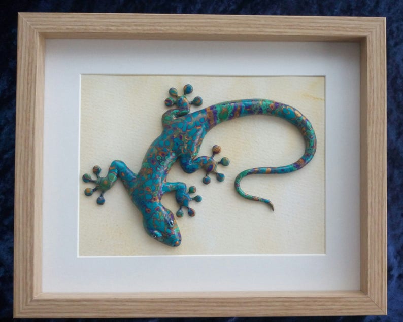 Gecko Wall Art Polymer Clay Gecko Sculpture Framed Reptile Etsy