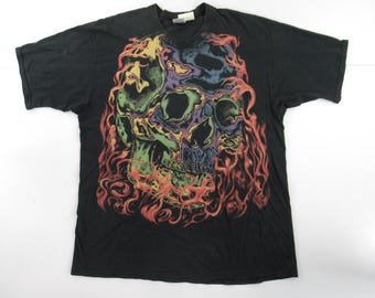 Vtg 1995 Liquid Blue Skull Flames Multicolor AOP Tee Made in USA Size XXL #VT211