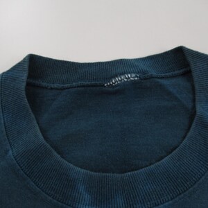 Puede incluir: Primer plano del cuello de una camiseta de color azul oscuro. El cuello es redondo y tiene una textura acanalada.