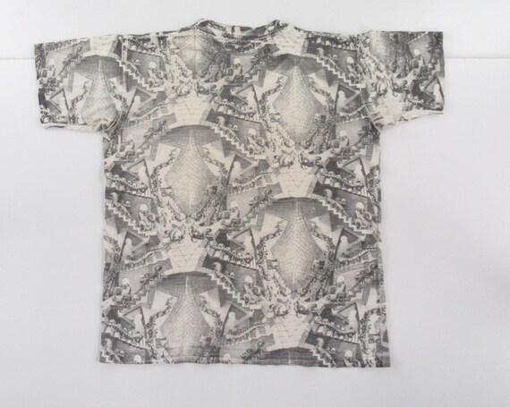 Vintage Andazia 90s MC Escher Relativity Abstract All Over Print T 
