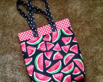 Watermelon Tote Bag / Watermelon Market Bag / Watermelon Shopping Bag, Red with White Polka Dots Interior