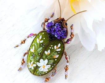 Floral Beetle Brooch Olive Green Purple Bug Pin Artisan Daisy Botanical Cottagecore Gift