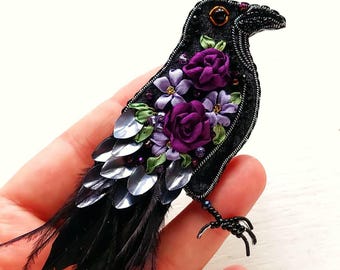 Raven Brooch Floral Crow Pin Dark Botanical Witch Halloween Gift