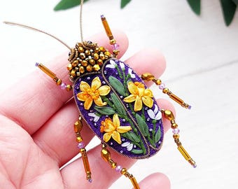 Purple Beetle Brooch Daffodil Welsh Gift Insect Nature Lover Pin
