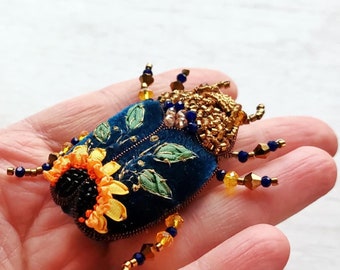 Sunflower Beetle Brooch Navy Bug Pin August Birth Flower Garden Lover Nature Gift