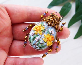 Daffodil Beetle Brooch Scarab Bug Pin March Birth Flower Spring Nature Lover Gift