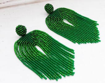 Green statement earrings Waterfall tassel earrings Long tassel earrings Boho fringe earrings Extra long earrings Beadwork Jewelry Earrings