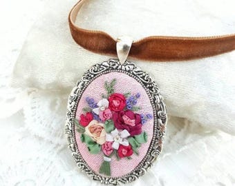 Floral Choker Necklace Regency Victorian Romantic Rose Pendant Gift
