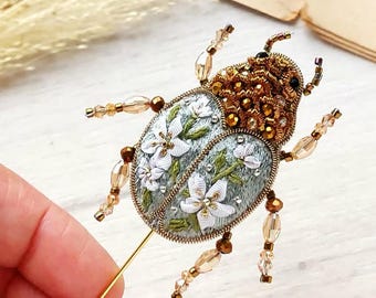 Sage Green Floral Beetle Lapel Pin Wedding Groom Boutonniere Alternative Insect Jewelry Gift