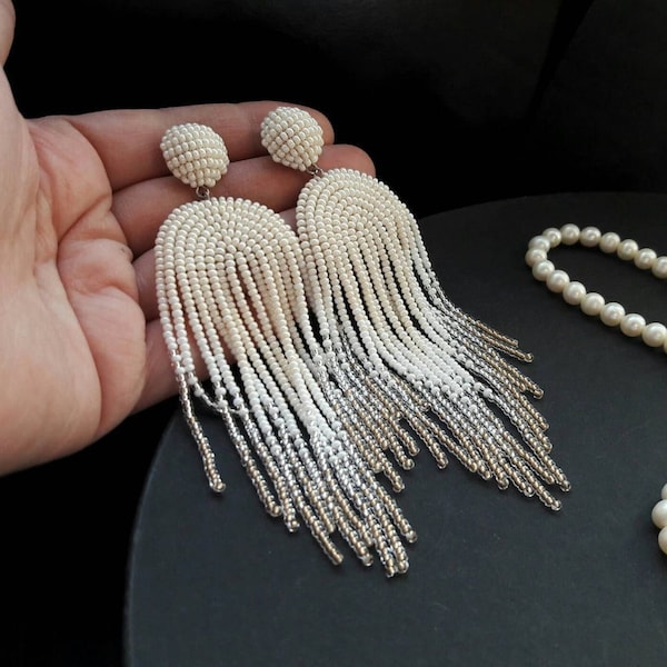 Ivory Seed Bead Tassel Earrings, Boho Bridal Jewelry