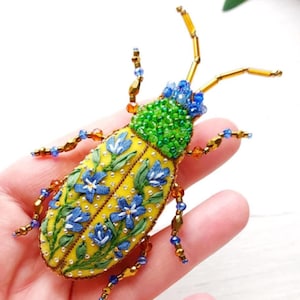 Blue yellow bug brooch for women Beaded Beetle pin Insect brooch jewelry Handmade embroidery jewelry Art glass brooch Animal Nature jewelry