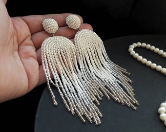 Ivory Seed Bead Tassel Earrings, Boho Bridal Jewelry