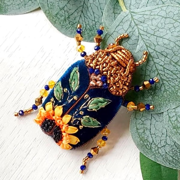 Embroidered Sunflower Beetle Brooch: Beaded Velvet Insect Pin
