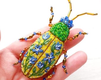 Yellow Beetle Brooch Blue Cornflower Pin Summer Garden Nature Lover Bug Jewelry Gift