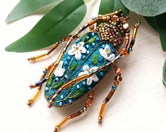 Green Beetle Brooch Floral Bug Pin Artisan Botanical Jewelry Insect Crystal Cottagecore Gift Her
