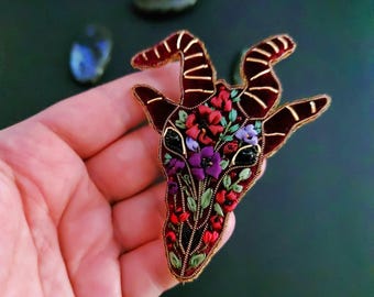 Burgundy Goat Skull Brooch Witchy Floral Pin Halloween Occult Animal Pagan Jewelry Statement Gift