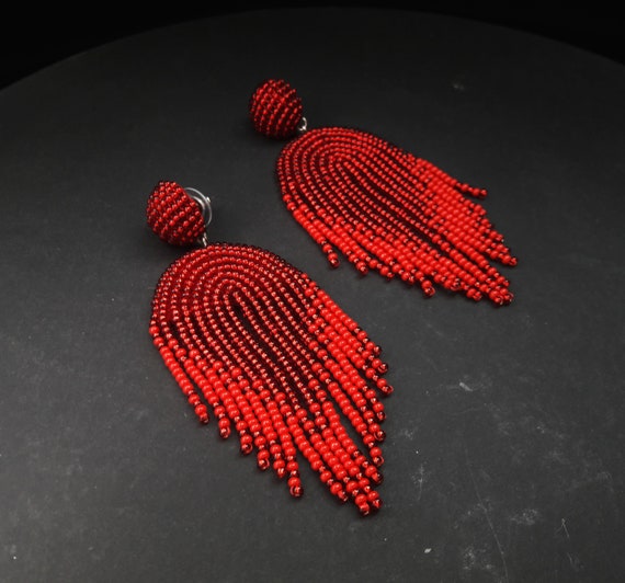 Trendy red fringe earrings Ombre earrings Red beaded tassel | Etsy