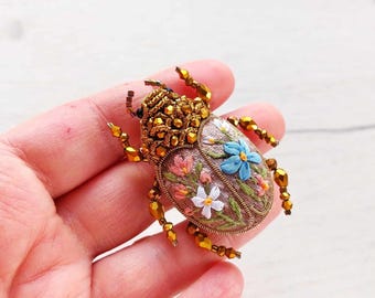 Miniature Scarab Beetle Brooch Insect Bug Jewelry Floral Pin Collectible Statement Gift for Her