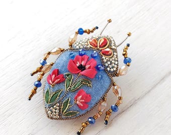 Beetle Brooch Stag Bug Pin Insect Jewelry Birth Flower Gift for Nature lovers Cottagecore  Animal Accessory for her