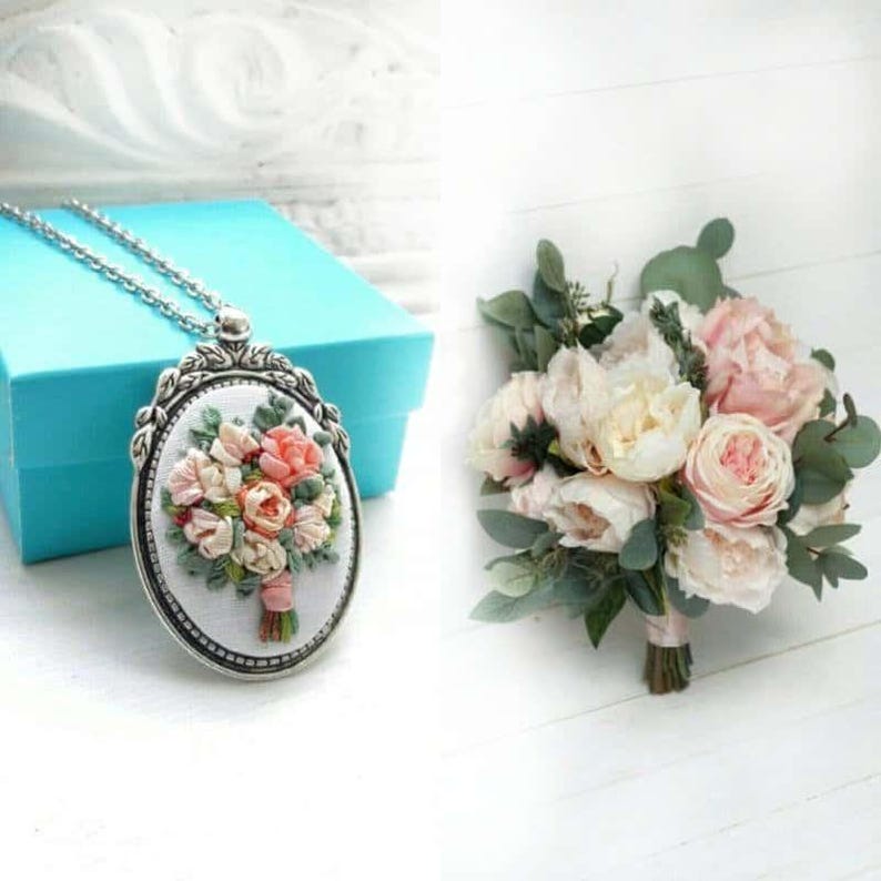Floral Preservation Necklace: Embroidered Wedding Bouquet Keepsake, Anniversary gift for wife image 2