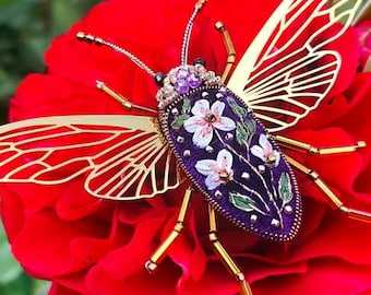 Purple Cicada Brooch Floral Insect Pin Witchy Nature Lover Gift