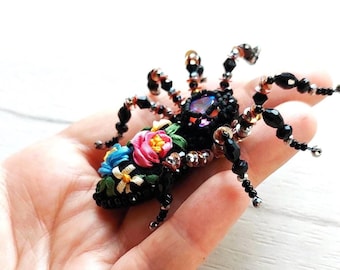 Black Spider Brooch Floral Gothic Witch Halloween Arachnid Gift