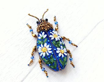 Blue daisy stag beetle brooch Insect pin Floral botanical nature jewelry gift accessory