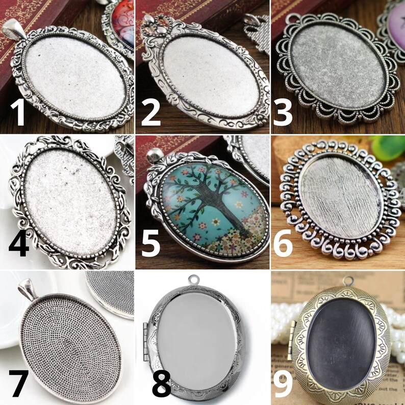 May include: Nine silver-toned metal pendant trays with different designs and finishes. The trays are oval-shaped and have a smooth, polished surface. Some trays have a decorative border, while others have a more simple design.