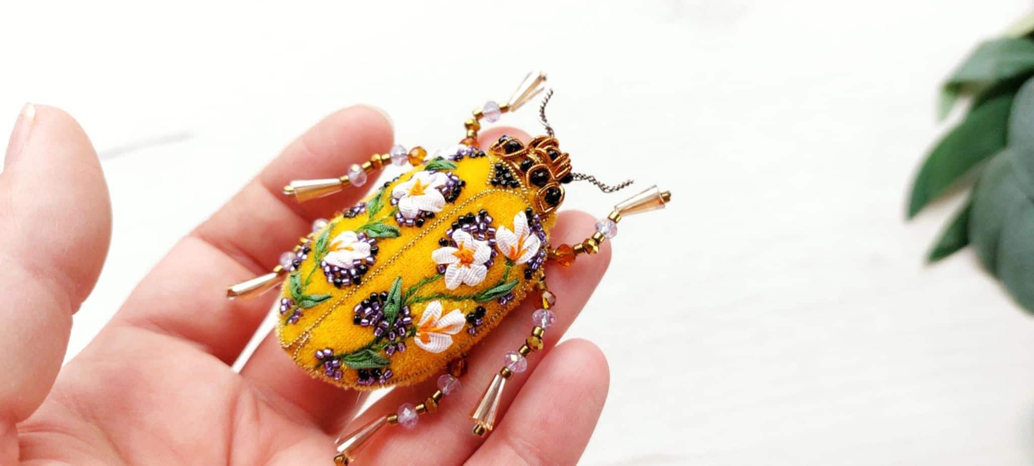 Yellow Beetle brooch embroidery Embroidered Stag Beetle pin Art glass brooch Insect lover Animal Nature Bug pin birthday gift for friend