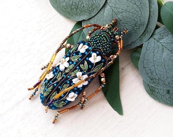 Green Cockroach Beetle Brooch for Her Floral Insect Pin Nature Jewelry Gift for Friend