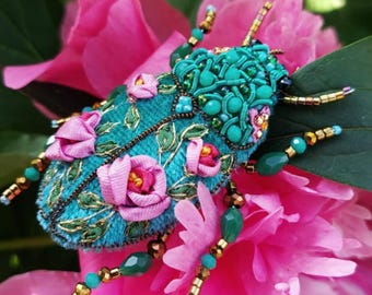 Turquoise Beetle Brooch Stag Pin 30th Birthday Gift Sister Entomology Insect Art