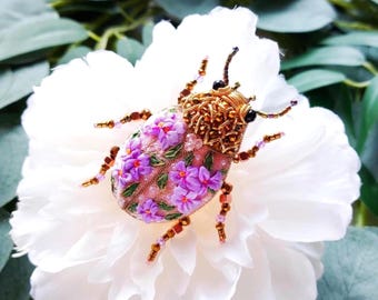 Pink stag beetle brooch Insect bug jewelry Nature lover gift for wife Botanical accessory