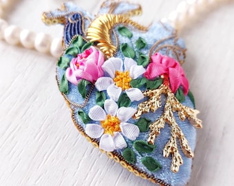 Floral Anatomical Heart Brooch Blue Cottagecore Pin Nurse Doctor Medical Student Jewelry Gift