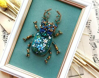 Floral Beetle Wall Art Framed Insect Decor Botanical Nature Lover Gift Statement Piece