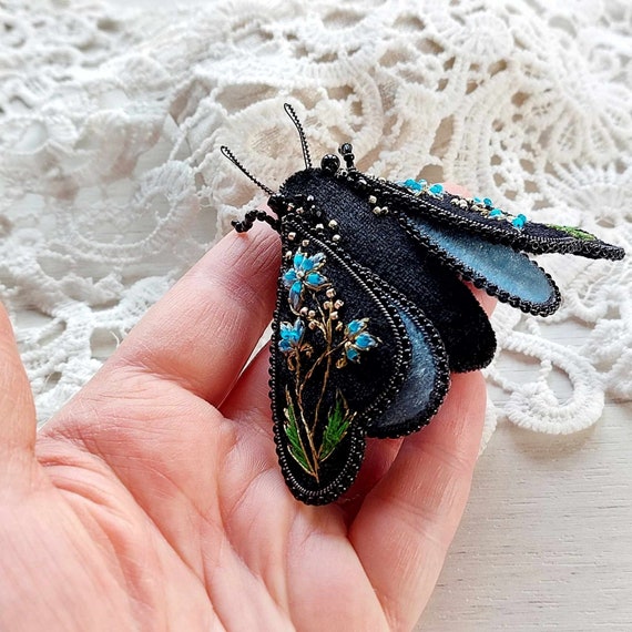 Butterfly brooch Moth brooch for women Black blue butterfly pin gift for mom Bug pin gift for sister Insect jewelry Nature lover gift