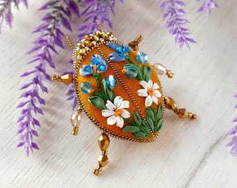 Hand Embroidered Ladybug Brooch: Velvet Insect Pin, Floral Jewelry
