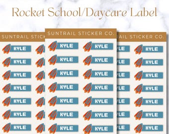 Rocket Ship School Name Label - Boy Outer Space School Name Label - Set of 28- Back to School Custom Name Label- Waterproof/Dishwasher Safe