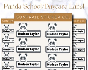 Panda Bear School Name Label - Daycare Name Label - Set of 28 - Dishwasher Safe/Waterproof, Cute Animal Label, Custom Name Label for Kids