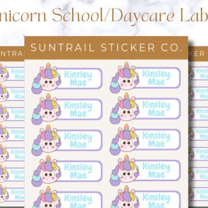 Etiquetas escolares con nombre de unicornio para niñas, etiquetas escolares personalizadas, juego de 28 etiquetas de unicornio, resistentes al agua y aptas para lavavajillas, etiqueta personalizada para niña